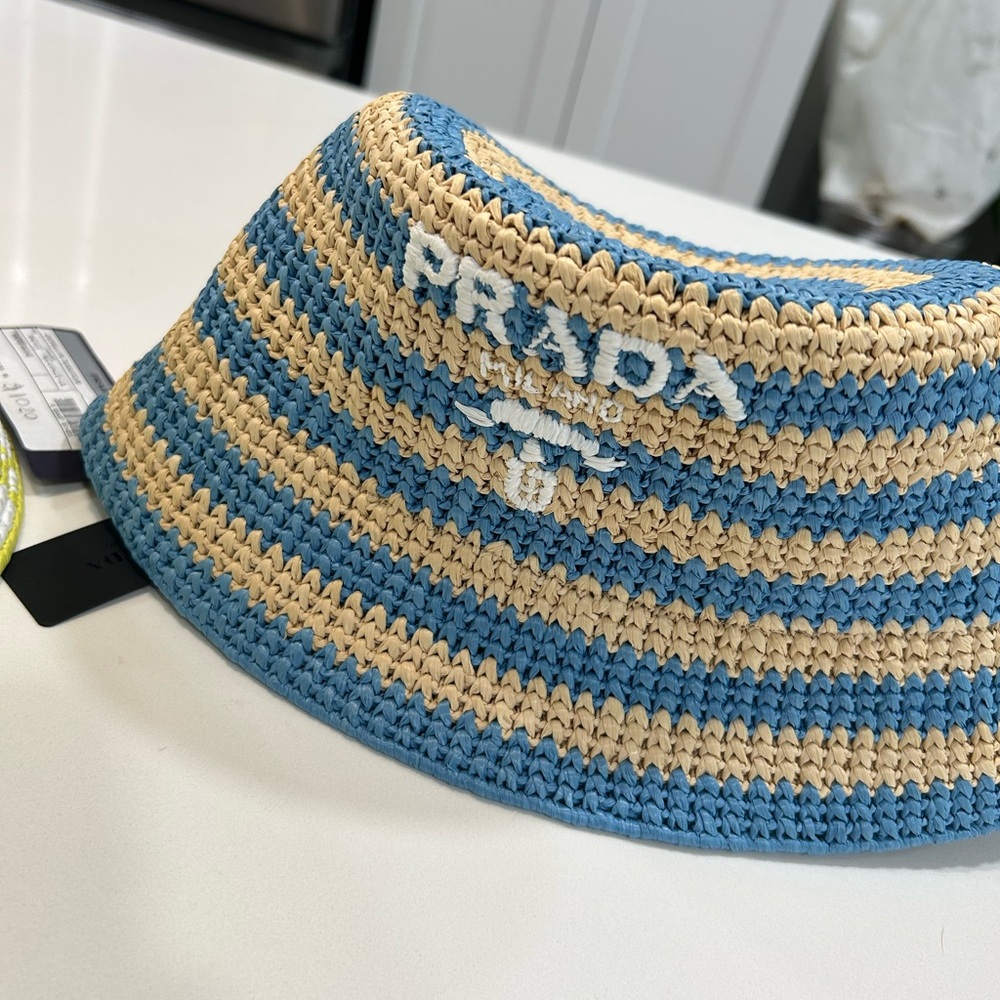 PRADA striped bucket raffia hat
